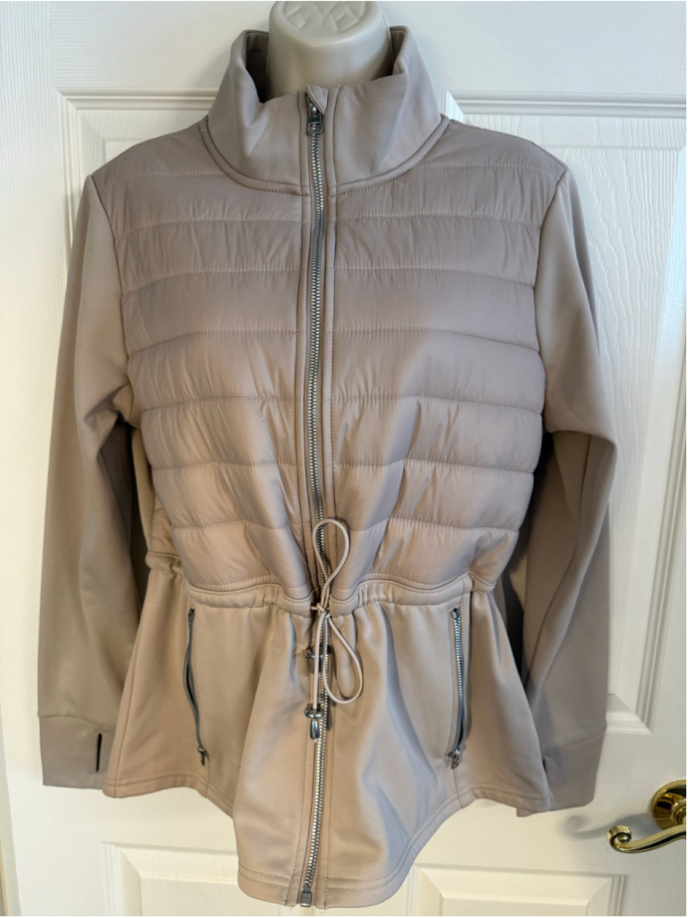 Avia Women's Mixed Media Quilted Drawstring Jacket – Mushroom – Size Medium